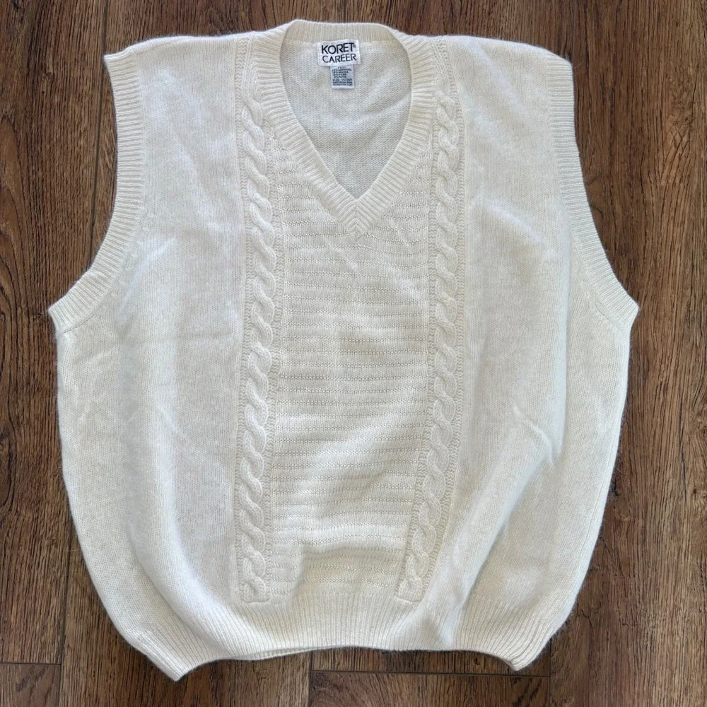 VTG 80s Koret Angora Lambswool V-Neck‎ Sweater Vest Plus Size 24W Retro 3X Ivory